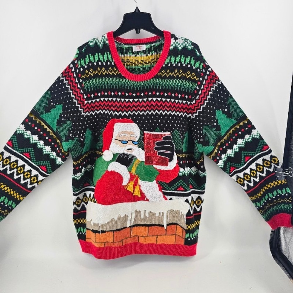 Holiday Time Christmas Sweater Mens 2XL Black Santa Red Cup Fair Isle Party